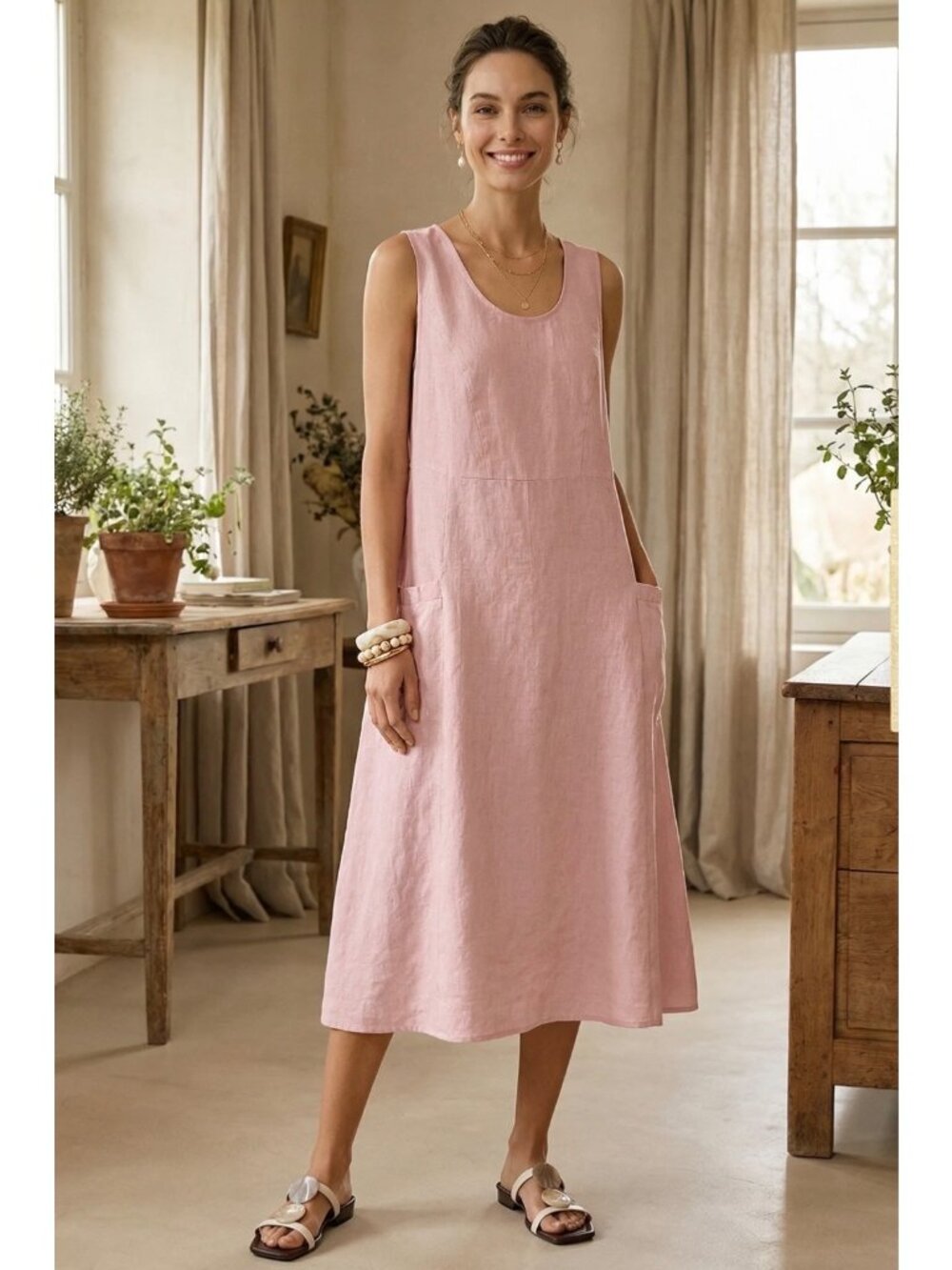 Lintico L Giana Linen Swing Tank Dress Sundress Pink Pockets Midi Lagenlook